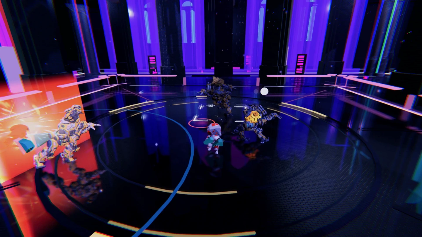 EGOFORM’s robot and projected partner face a group of mechanical enemies across the luminous arena.